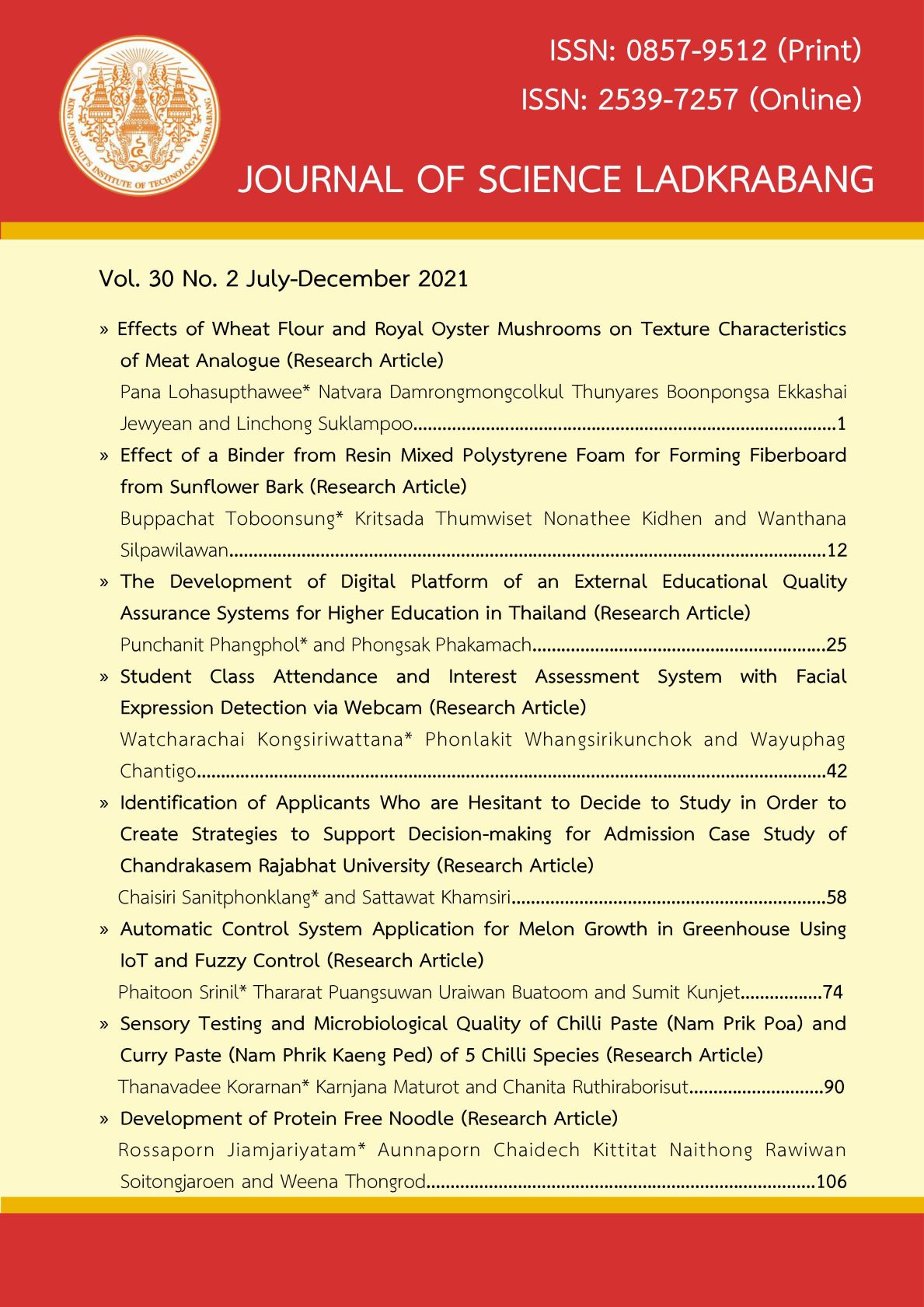 Image cover page Journal of Science Ladkrabang, Vol. 30 No. 2, July-December 2021