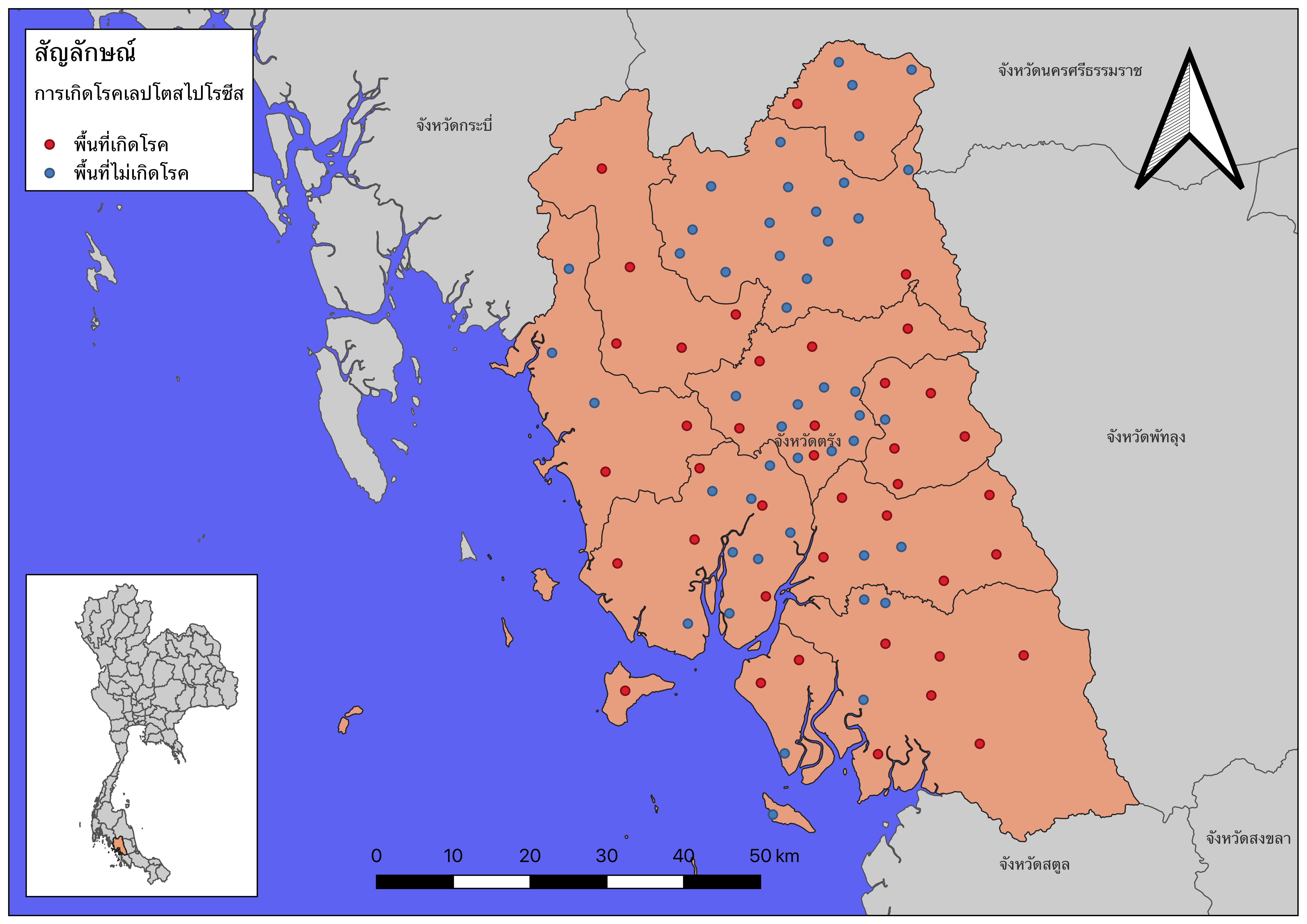 แผนที่แสดงพื้นที่การเกิดโรคเลปโตสไปโรซีสในจังหวัดตรัง
