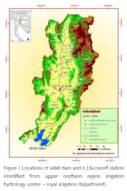 ปีที่ 26 ฉบับที่ 2 (2020) : Locations of sirikit dam and n.13a runoff station  (modified   from   upper   northern   region   irrigation  hydrology center  – royal irrigation department).
