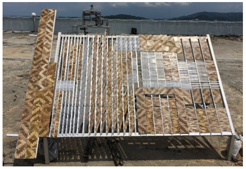 Experimental set-up for sandwich composites between plastics and weaving bamboo plates under natural weathering test.