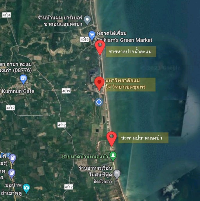 Figure 1 Three surveys and water sampling points at Lamae coast, Lamae district, Chumphon province Paknam Lamae beach coast (LM); coast in front of Maejo University at Chumphon (MP); Nong Bua Fish Bridge (NB) Adapted from: Google Maps (2023)