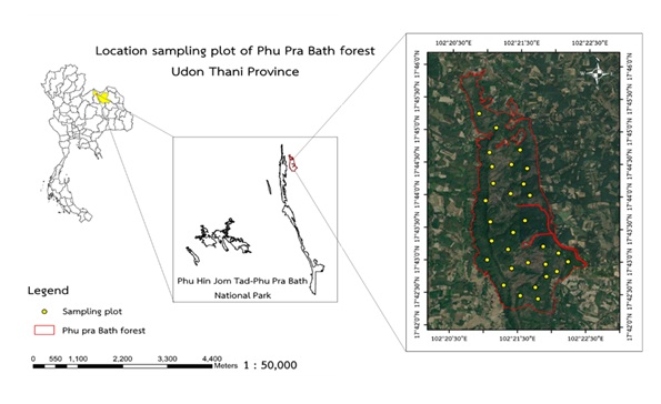 Figure 1   Boundary and location of study area in Phu Pra Bhat, Phu Hin Jom Tad - Phu Pra Bhat  National Park, Udon Thani province
