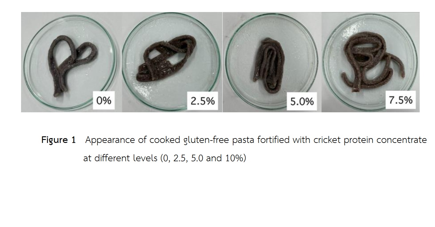 Figure 1   Appearance of cooked gluten-free pasta fortified with cricket protein concentrate  at different levels (0, 2.5, 5.0 and 10%)